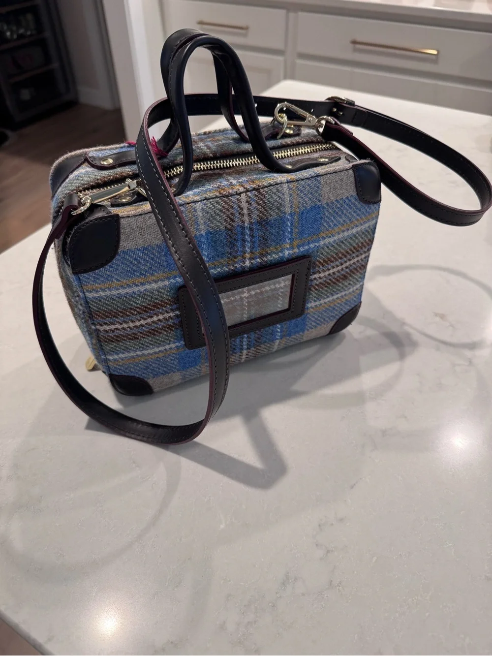 Frances Valentine Blue and Brown Plaid Wool Messenger Bag